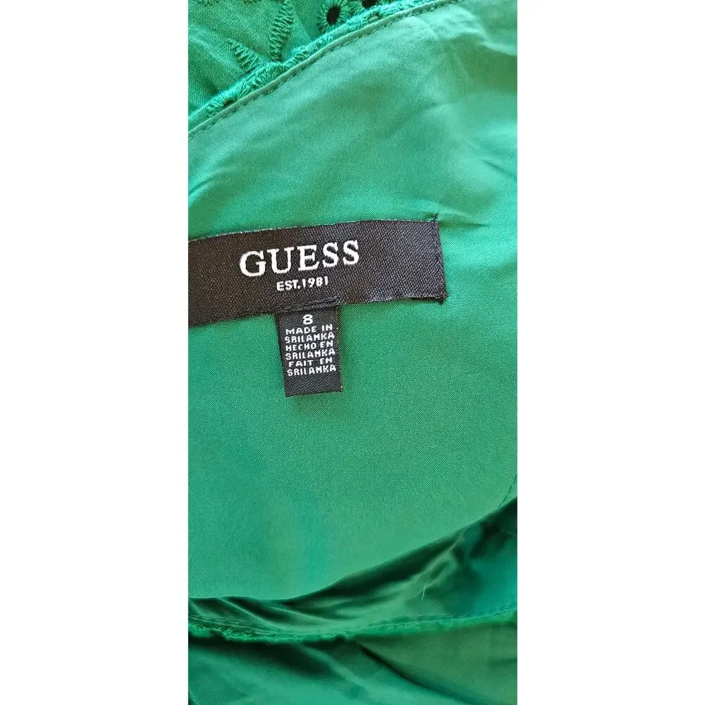 Guess Cotton Eyelet Asymmetric Midi Dress Women Size‎ 8 Green Contemporary Party